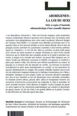 Aborigenes, la loi du sexe : viols et orgies d'australie, ethnoarcheologie d'une sexualite disparue, Mathilde Annaud