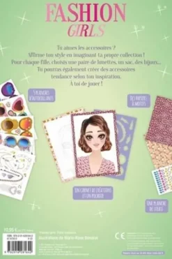 Accessoires tendance. Pochette avec 5 planches d'autocollants, 1 carnet de créations, 1 pochoir, des papiers à motifs et 1 planche de strass, Marie-Rose Boisson