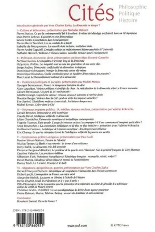 Cités N° 100/2024 : Sauver la démocratie dans un monde dangereux, Yves Charles Zarka