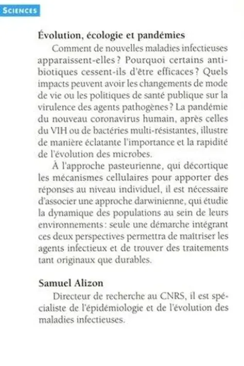 Evolution, écologie et pandémies. Faire dialoguer Pasteur et Darwin, Samuel Alizon