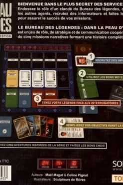 Jeu Le bureau des légendes : dans la peau d'un espion. Avec 48 cartes informateur, 24 cartes pression, 25 cartes aléa, 3 cartes objectif, 6 passeports de légende, 5 étuis de 30 cartes mission, 1 livret de règles, 1 plateau dépliable et 6 jetons, Maël Magat