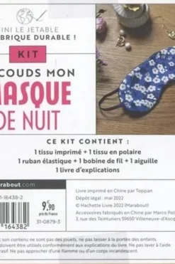 Kit Je couds mon masque de nuit. Avec 1 tissu imprimé, 1 tissu polaire, 1 ruban élastique, 1 bobine de fil, 1 aiguille, Juliette Michelet