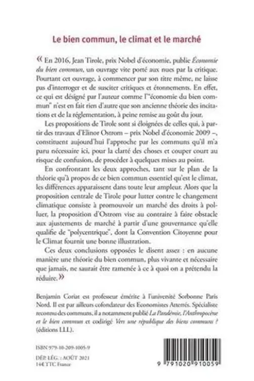 Le bien commun, le climat et le marché. Réponse à Jean Tirole, Benjamin Coriat