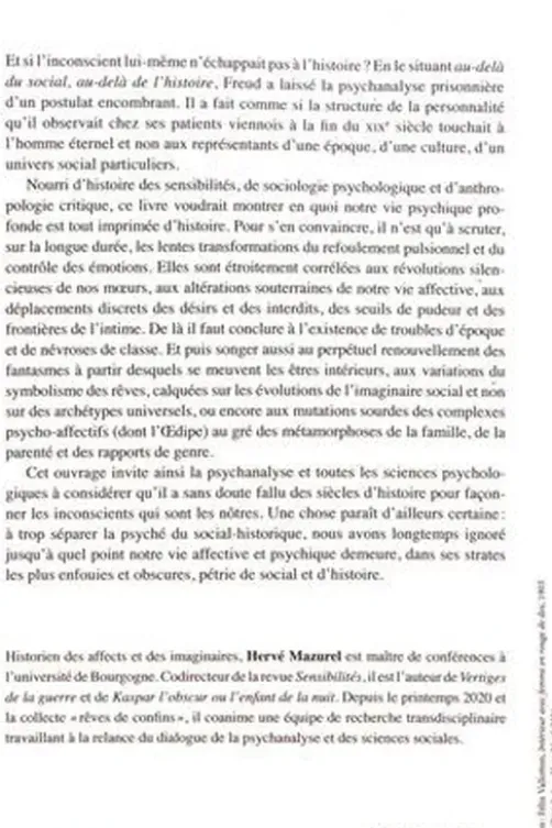 L'inconscient ou l'oubli de l'histoire. Profondeurs, métamorphoses et révolutions de la vie affective, Hervé Mazurel