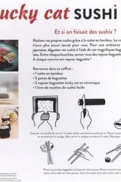 Lucky cat sushis. Coffret avec 1 natte en bambou, 5 paires de baguettes, 5 repose-baguettes et 1 livre de recettes, First