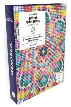 Mon kit Mini strass Mandala. Coffret avec 4000 strass multicolores, 1 tableau encollé format A5, 1 stylet pour placer les strass, 1 bloc de cire pour les attraper, 1 petit plateau, Marabout