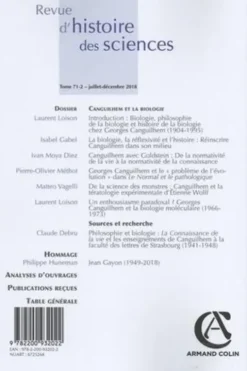 Revue d'histoire des sciences N° 71-2, juillet-décembre 2018 : Canguilhem et la biologie, Stéphane Tirard