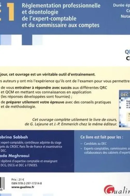 Réglementation professionnelle et déontologie de l'expert-comptable et du commissaire aux comptes DEC 1. QRC et QCM corrigées, Edition 2022, Kada Meghraoui